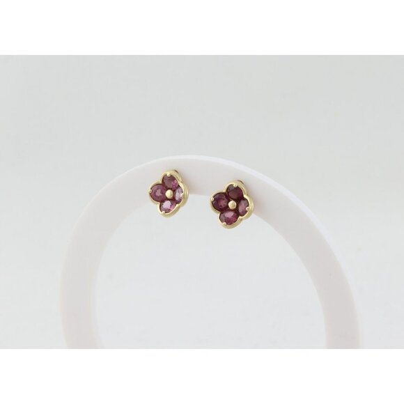 14k Yellow Gold Natural Rhodolite Garnet Flower Earrings Stud Post 3/8" inch - Picture 6 of 8